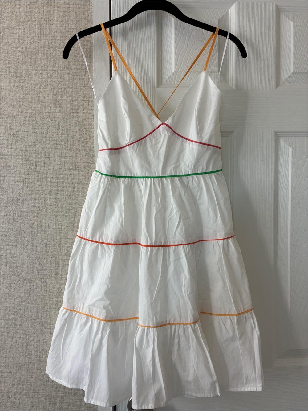 Gianni Bini White Tiered Mini Dress with Orange Straps and Multicolor Piping